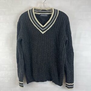 WoolOvers 100% Pure Wool V-Neck Cable Knit Sweater Size S Gray Cream Trim‎